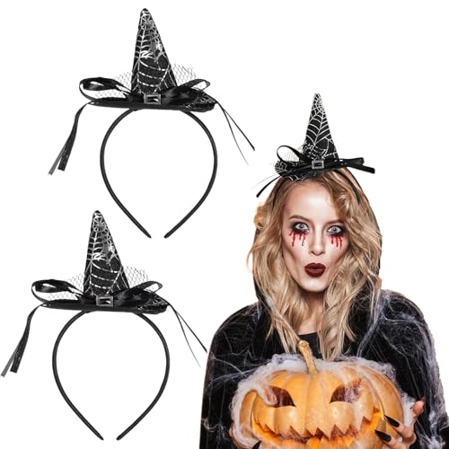 2 Pcs Halloween Headbands Magic Mini Pointy Witch Hat Spider Web Bow Tie Headbands for Halloween Christmas Cosplay Masquerade Costume Dress up Party Accessories(Black)