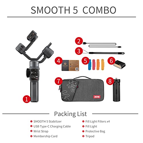 Zhiyun Smooth 5 Combo Gimbal Stabilizer para Smartphone, Handheld 3 Eixos Phone Gimbal, Estabilizado
