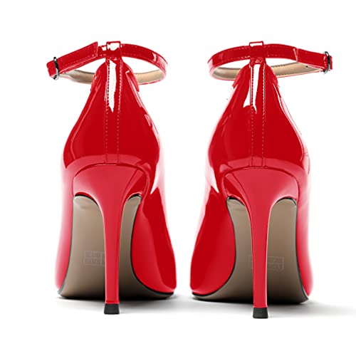 WAYDERNS Women's Patent Leather Solid Ankle Strap Pointed Toe Strappy Buckle Stiletto High Heel Pumps Shoes 3.5 Inch4