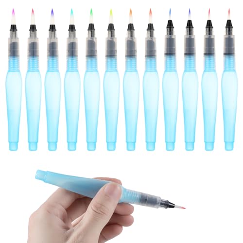 12 Stück Wasserpinsel Stifte, Aquarell Pinselstifte Blau Kunststoff Leerer Watercolor Brush mit Befüllbarer Wassertankpinsel für Aquarellkunst und Malerei, Anfängermalerei