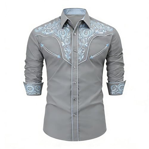 Chemise western homme ajustée à manches longues brodées style cowboy décontracté