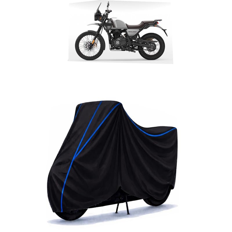 Image of Himalayan BS6 Bike Cover Water Resistant Universal Motorcycle Rain | Heavy Duty UV Protection, Dust, Scratch Indoor Outdoor All Weather with Black Blue Piping Elastic