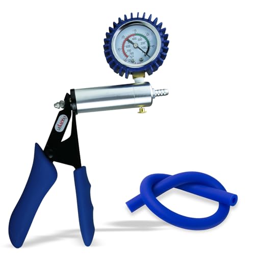 LeLuv Ultima Blue Vacuum Pump - Aluminum Alloy Silver Handle Manual Hand Vacuum (0-30 Hg, 0-760 mmHg), Gauge Installed with Protective Rubber Cover, Silicone Padded Grips with Silicone Hose