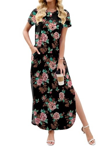 Image of Heymoments Womens Summer Maxi Dress Short Sleeve Casual Loose Long T Shirt Split Vacation Beach Sundress with Pockets