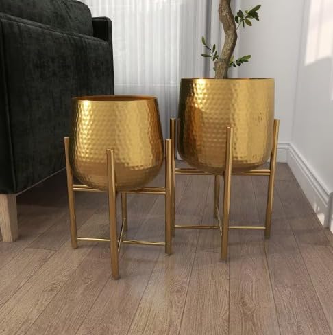 Image of Round Shape Metal Indoor & Outdoor Large Golden Planter Pot for Living Room Bedroom & Interior Balcony Sets of 2