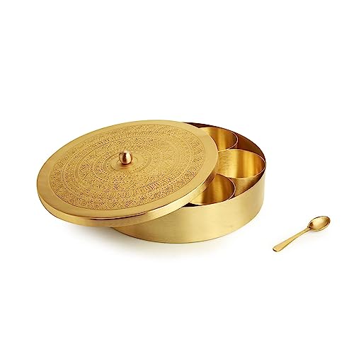 Image of Golden Metal Made Decorative Spice Box with Embossed Lid | Handcrafted Metal Masala Dabba For Kitchen With Spoon (7 Containers, 40 Ml) | Indian Spice Storage Organizer with Lid
