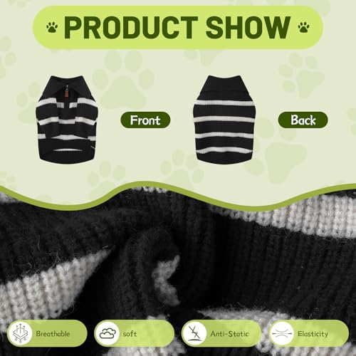 Image of Small Dog Sweater with Zipper, Knitted Striped Pullover Dog Clothes for Cold Weather, Thick Warm Cozy Stretchy Sweater for Chihuahua, Bulldog, Dachshund, Pug(Black & White Strip, S)