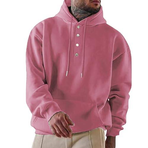 Mens Solid Long Sleeve Hooded Sweatshirt Button Up Lightweight Commute Hoodies Loose Fit Drawstring Wander Pullovers