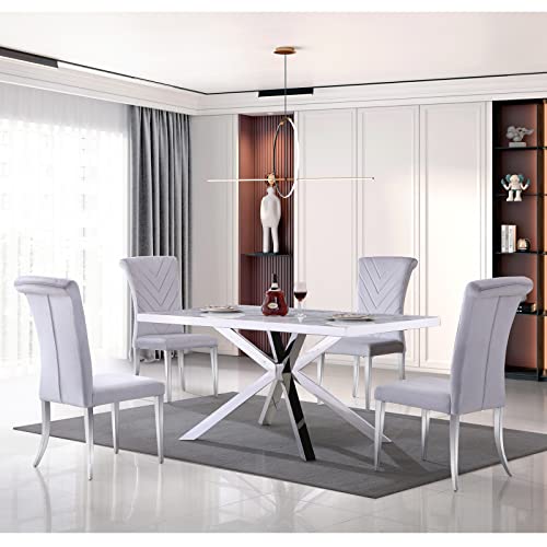 Azhome Modern Dining Room Table With Silver Stainless Steel Metal X-Base In Silver Grey #TOP1