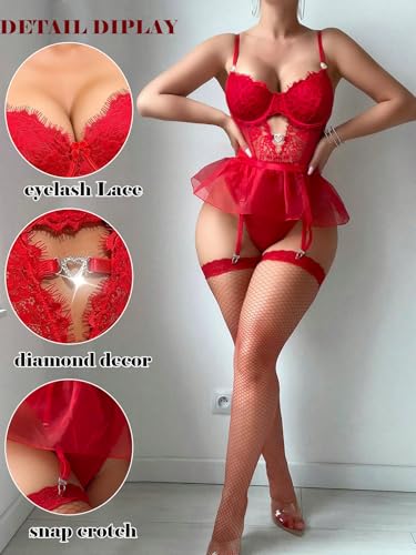Image of Alrovetoney Women Lingerie Set Naughty Lace Bodysuit High Waisted Underwire Lingerie Babydoll With Garter Belt and Stockings