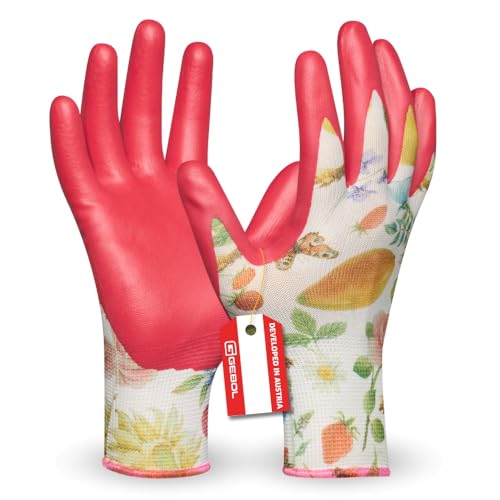 Gebol Gardeluxe Bee-friendly Flower & Fruit - Guantes de jardinería para mujer, diseño de abejas, edición limitada, con revestimiento muy suave y ajuste cómodo, talla M, color rosa y multicolor