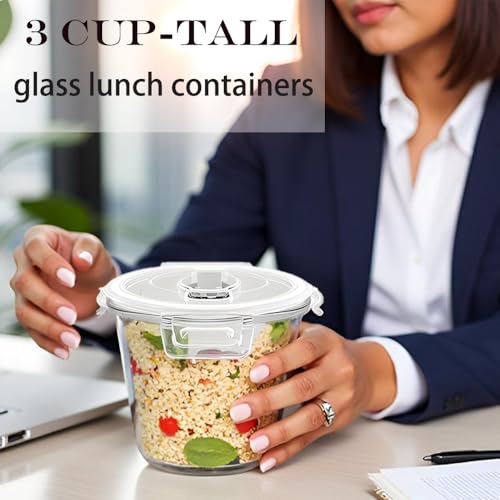 Image of H.JSS WDJS 3 Cup Round Glass Meal Prep Containers with Lids,24oz Glass Food Storage Containers with Spoons, Heat-Resistant BPA-Free for Soup, Leftover, Oven, Dishwasher, Fridge, Freezer Safe (2 Pack)
