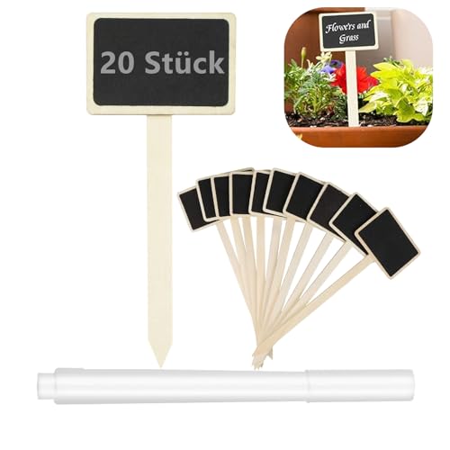 20 Stück Pflanzenschilder Holz mit Markierungsstift, Pflanzenetiketten zum Beschriften 14,8x6,3cm, Pflanzenstecker Holz zum Beschriften für Draussen Garten Pflanzen, Rechteck