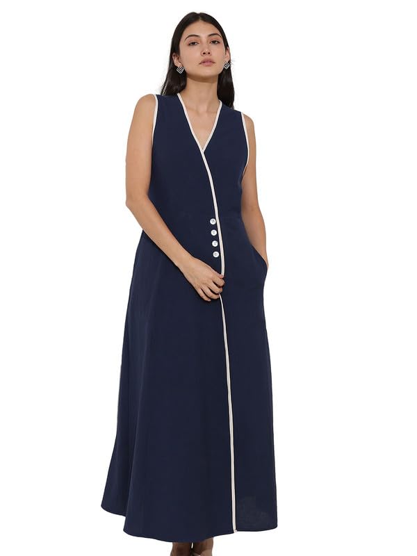 pink fort Women Casual Dress | Elegant A-Line Fit Sleeveless V-Neck Colorblock Design | Premium Linen Blend Fabric with Pockets Summer Outings-picture-52