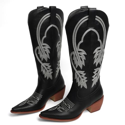 Cowboy Boots For Women Black Cowgirl Boot Wide Calf Knee High Western Booties High Heel Comfy Embroidery Bootie