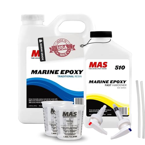 MAS Epoxies Marine Epoxy Resin Kit (38.4 Oz Slow) 5:1 Total High Performance Resin and Hardener Perfect for Wood Carbon Fiber Fabric and Fiberglass Repair Kit for Boats with Cups and Pumps