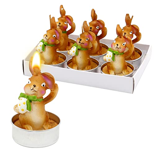 Dekohelden24 Dekohelden24 - Vela de té de Pascua con huevo de Pascua, 6 unidades, tamaño aprox. 4,5 x 6 cm, color marrón con huevo, 6 cm, 6 cm