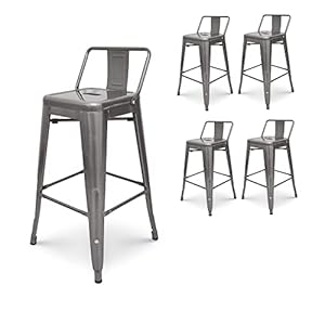 Kosmi – Lot de 4 tabourets de Bar en métal Brut avec Petit Dossier – Hauteur 66cm