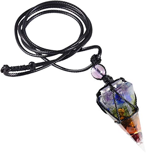 Nupuyai Healing Crystal Point Pendant Necklace for Women Men, Hexagonal 7 Chakra Stone Pendulum for Divination Adjustable Cord 18-32 Inches