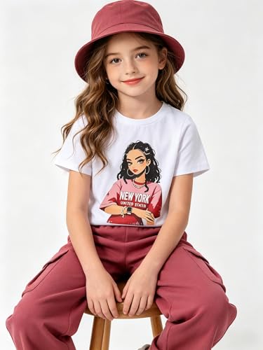 Image of Ayzozuy Kid Girl Clothes Outfits Figure Letter Graphic Tee Top + Flap Pocket Pants 2PC Clothing Set