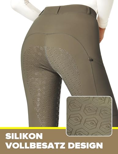 FitsT4 Sports Reitleggings Damen Reithose Mädchen Silikon vollbesatz mit Handytasche und Gürtelschlaufen für Reitsport Pferdetraining,Dunkelbraun,S