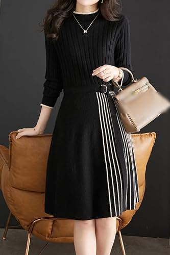 LAI MENG FIVE CATS Women's Elegant Long Sleeve Stripe Sweater Ribbed Knit Pullover Fall Midi Dress3