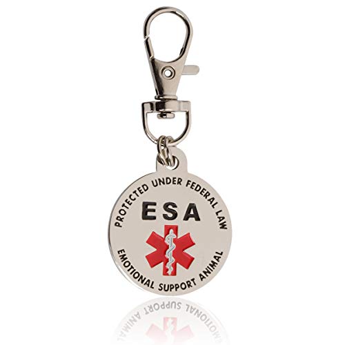 DOUBLE SIDED Emotional Support Animal (ESA) Red Medical Alert Symbol and Protected by Federal Law 1.25 inch ID Tag. QUICK RELEASE metal lobster clamp allowing you to switch between collars and vest.