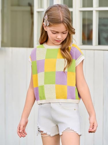 Image of Haloumoning Girls Summer Crop Tops Color Block Vest Cute Tanks Cap Sleeve Tee Loose Kids Knit Top 5-14 Years