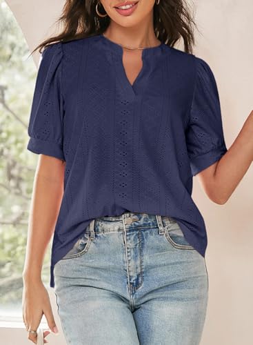 Image of Dokotoo Womens Blouses V Neck Puff Short Sleeve Business Casual Tops