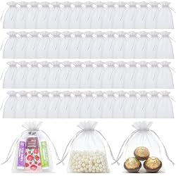 Yopela 60 PCS White Organza Bags, 3.5x4.7 Inch Mesh Bags Drawstring for Jewelry, Wedding Favors &Party Supplies, Elegant Mesh Pouches for Favor Sachets and Small Item Storage,Valentine's Gift Bag