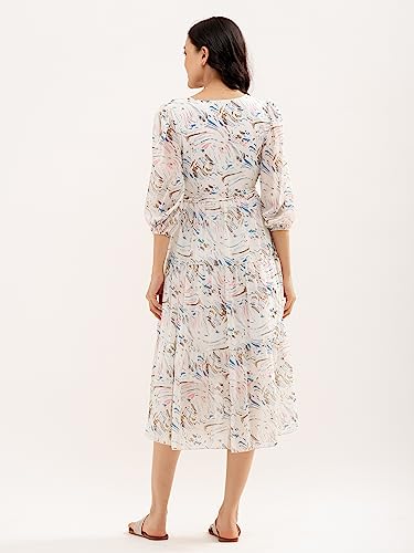 Image of AASK Abstract Printed Puff Sleeve Gathered Detailed Fit Flare Dress