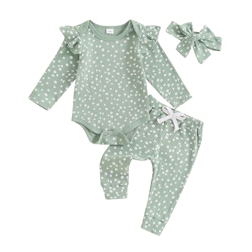 Image of Mandizy Baby Girl Clothes Ribbed Ruffle Long Sleeve Romper Pant Set Newborn Infant Fall Winter Floral Print 3Pcs Outifts