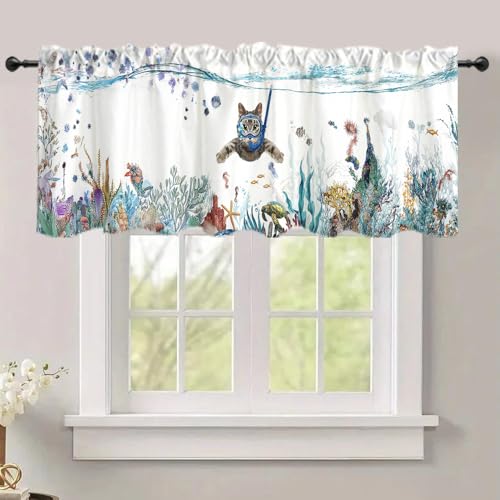 Art Studio 54x18 Inches Cute Cat Window Treatment Valance Dive Colorful Animal Sea Kitchen Blackout Drapes Bathroom Bedroom Living Room Polyester Fabric Curtains Decorations Supplies