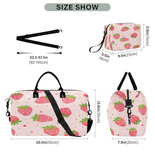 Pink Strawberry Cute Travel Duffel Bag, Shoulder Weekender Overnight Bags - Large Gym Bag with Wet Pocket3