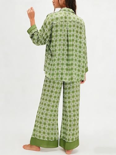 Image of Women Satin Pajama Set Floral Silk Pajamas 2 Piece Lounge Sets Button Down Shirts Wide Leg Pants Pjs Sleepwear