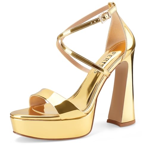 Women's Chunky High Heel Platform Sandals Open Peep Toe Ankle Strap Dress Strappy Heels with Single Cross Strap Buckle for Ladies Sexy Wedding 5 Inch