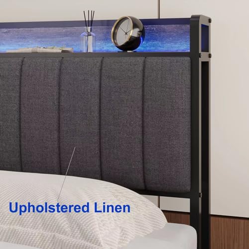 Image of Full Size Upholstered Headboard with LED Lights & Charging Station, USB & Type C Port, Linen Upholstery, Full Headboard Only, Height Adjustable Attach Frame Sturdy and Stable Easy Assembly