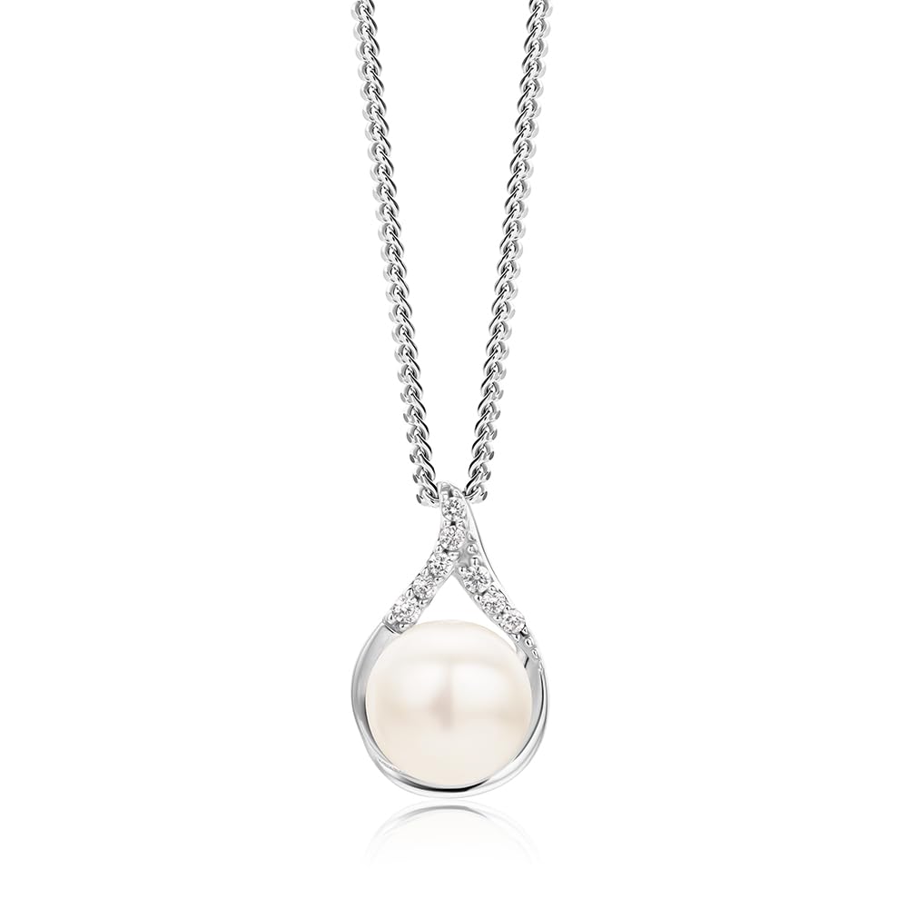 MIORE Collana Donna In Argento 925 Con Perla D'Acqua Dolce E Zirconi - Ciondolo Pendente Su Catena Grumetta 45 Cm, Gioiello Anallergico In Astuccio Regalo