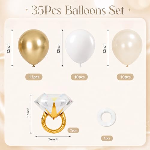 Image of White and Gold Balloons, 35 Pcs 12 Inch Sand White Metallic Gold Balloons | with 2 Pcs Diamond Ring Foil Balloon for Boho Wedding Engagement Bride Shower Anniversary Party Decorations