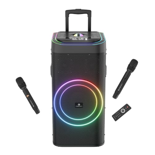 Image of ZEBRONICS Party Fyre 900 200W DJ Trolley Speaker, Up to 10hrs Playback, 30.48cm Full Range Driver, BT v5.3, USB, mSD, AUX, TWS, RGB Lights, LED Display, Dual UHF Mics, Built-in Battery