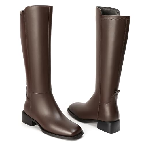 Image of vivianly Women's Knee-High Boots, Faux Leather Elastic Boots Low Heel Square Toe, Side Zipper Tall Boots