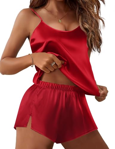 Image of Ekouaer Silky Women Pajamas Set Satin Cami Top & Shorts Lingerie Pjs | 2 Piece Silk Nightwear Soft Camisole Sleepwear for Home, Daily Wear, Wedding, Party, Date Nights
