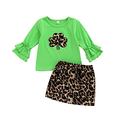 Fyclemt Toddler Baby Girl St.patrick's Day Summer Outfits Infant Kid Clover Print Short Sleeve Shamrock T-Shirt Tops+Mini Skirt Set (Leopard, 18-24 Months) #TOP4
