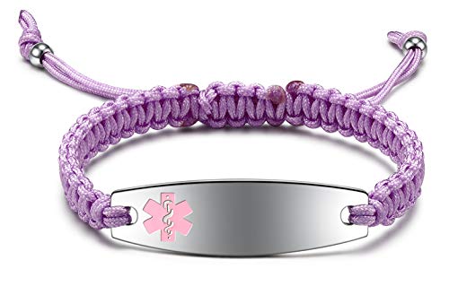 Custom Medical Alert Id Bracelet for Women / Men Engraved Stainless Steel Tag Awareness Cuff Bangle Bracelets with Two-Tone Nylon Handmade Braided Band,6.5-8.5 Inch Adjustable, Multiple Color Option