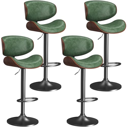 Image of YaFiti Swivel Bar Stools Set of 4, Counter Height Barstools, Bar Stools for Kitchen Island, PU Leather Upholstered Bar Chair with Back and Footrest, Adjustable Bentwood Barstools for Bar Green