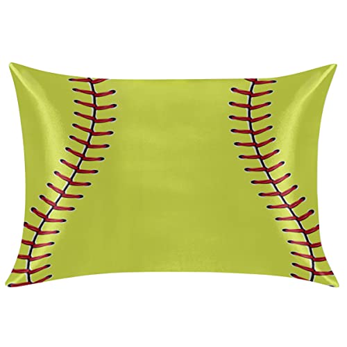 Funda de almohada de satén de seda tamaño estándar para cabello y piel, funda de almohada deportiva de sóftbol amarillo con cremallera oculta, suave y transpirable, regalo para mujeres y hombres, 20 x