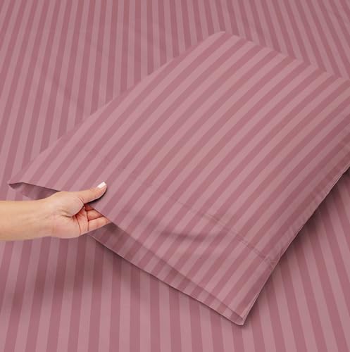 Image of Bsb Home Premium Cotton Solid /Stripe King Bedsheet with 2 King Size Pillow Covers | Double Bed with 210 Tc Pure Cotton | Size - King Size 90X100 Inches - Onion - Multicolor