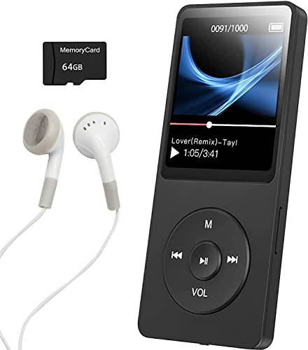 64GB MP3 Player with Bluetooth 5.0, ARCELI Portable MP3 with FM Radio, Voice Recorder, Video Play, E-Book, Build-in Speaker, Expandable Up to 128GB, Ideal for Sport, Black (Headphones included)