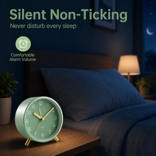 JALL Analog Alarm Clock, 4 inch Super Silent Non Ticking Small Clock with Night Light, Battery Operated, Simple Design, Easy Setting for Office, Bedroom, Bedside, Desk, Teens, Elders, Adult, Green - Image 2