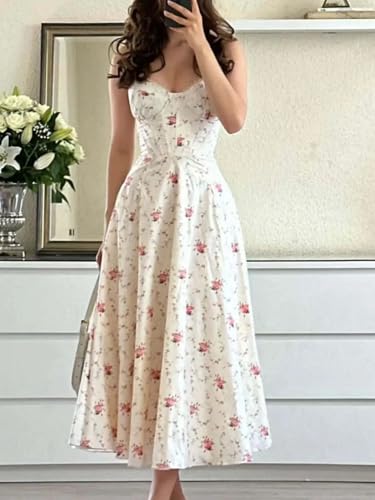 Women Sexy Spaghetti Straps Floral Print Corset Lace Spliced Bandage Back A-line Vacation Party Dress3